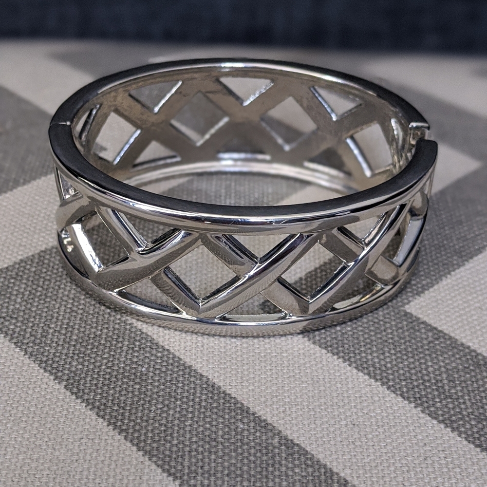 Silver Statement Bangle Bracelet X Design - image 1